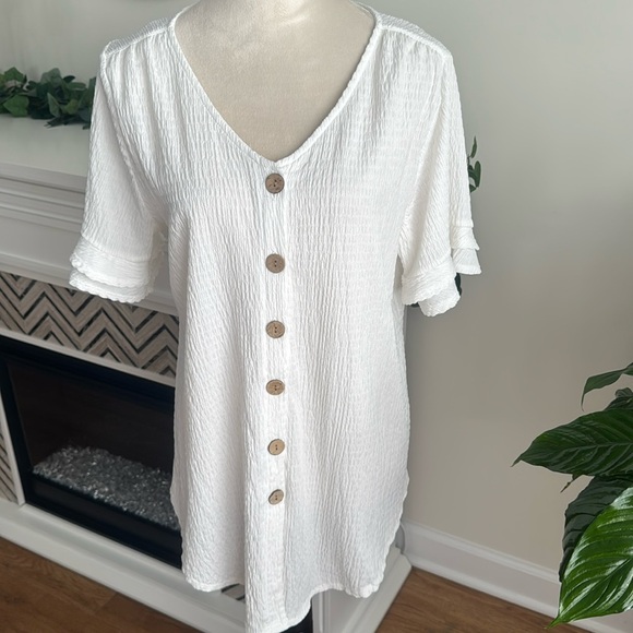 I.N. Studio White Ruffle Sleeve Button Down Shirt - Picture 1 of 4